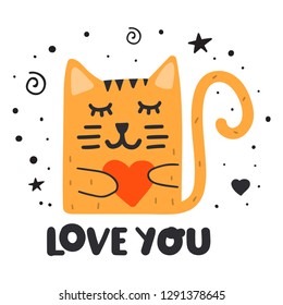 Cat with red heart. Happy Valentine's Day concept. Hand drawn vector lettering illustration for postcard, social media, t shirt, print, stickers, wear, posters design.