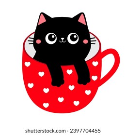 Katze in rotem Herzen Teetasse. Pfosten Hand. Alles Gute zum Valentinstag! Schwarzes Kätzchen. Cute Cartoon lustige Tier Tier Tier Tier Charakter. Lieblingskarte. Flaches Design. Weißer Hintergrund. Vektorgrafik