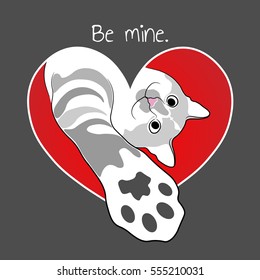 Cat in red heart. Valentine card.