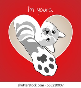 Cat in red heart. Valentine card.