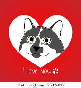 Cat in red heart. Valentine card.