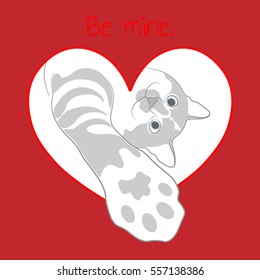 Cat in red heart. Valentine card.