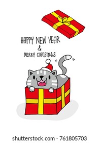 Cat in the red present, yellow ribon, text Merry Christmas and Happy new year . cute vector on white background card.