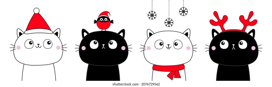 Cat in red Santa Claus hat, scarf, deer horns. Bullfinch bird. Snowflake. Merry Christmas. Face line contour silhouette set. Kawaii doodle animal. Cute cartoon character. Baby background. Flat Vector