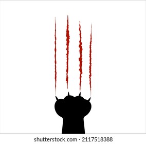 Silueta roja raspada de gato. Grilletes raspando oso de león animal salvaje. Una pata imprimió el pie de la pierna. garras de perro aisladas sobre fondo blanco. Cuto dibujo animado de una pata animal de estilo plano. Tarjeta de vector