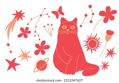 cat and the red stars. A set of heavenly elements. Vector stock illustration. Abstract constellations and other celestial elements.