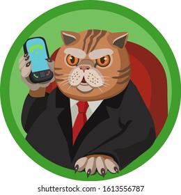 Cat red striped and fat talking on a mobile phone, he is important and solid in a jacket in a red tie, cute and funny!