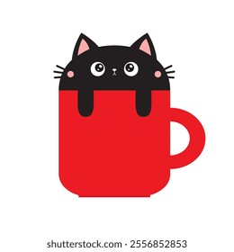 Cat in red tea coffee cup. Paws hand. Funny black kitten. Happy Valentines Day. Cute cartoon funny baby animal pet character. Love greeting card. Flat design. White background. Vector illustration