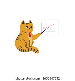 
A cat in a red tie shows the growth of the chart on a flip chart. Vector illustration in simple cartoon style