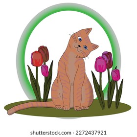 A cat with red tulips. Vector file for designs.