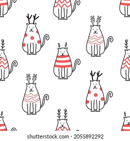 Cat with Reindeer horn seamless pattern in doodle style on white background for Christmas fashion print, wallpaper, gift wrapping paper etc.