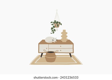 Cat Relaxing in Living Zone Vector Illustration