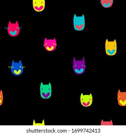 Repetir la impresión del gato. Patrón de carátulas sin manchas sobre fondo negro.