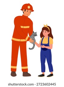 Rescate de gatos. Bombero en traje rojo entrega a la niña su gato. Servicios de rescate en el trabajo. Ilustración vectorial plana.