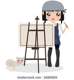 Cat Resting By A Female Artist Holding A Paintbrush And Looking Over A Canvas On An Easel