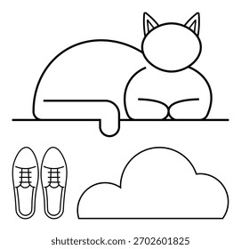 Gato descansando, forma de nuvem e par de sapatos desenhados com linhas pretas simples. Ideal para decoração minimalista, temas de animais de estimação, ilustrações climáticas, moda, decoração de casa relaxamento e livros infantis. Linha