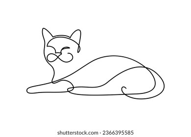 Cat resting in continuous line art drawing style. Abstract cat lying down and lazy looking at camera black linear design isolated on white background. Vector illustration