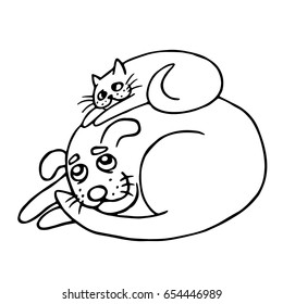 The cat resting lying on the dog. Joint rest. Painted animals. Best friends. Vector illustration.