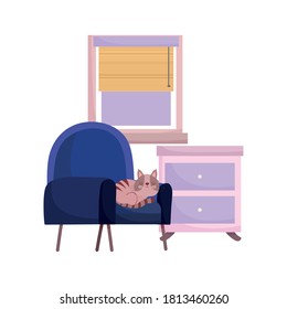 cat resting on chair table and window isolated design white background vector illustration