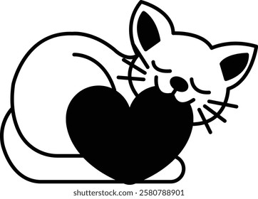 A cat is resting on a heart, which is black in color. The cat appears to be sleeping peacefully, and the heart is positioned in the center of the image