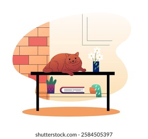 A cat resting on a modern table with books, plants, and decor, set against a warm brick wall in a cozy home interior. Minimalist art concept