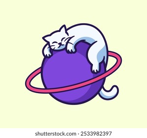 Cat Resting on Purple Planet with Orbiting Rings - Cute Space Pet Illustration Cartoon Character Vector Design