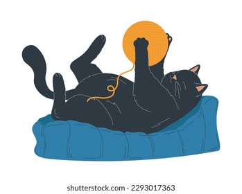 Cat resting at pillow. Black kitten lies on its back and holds yellow woolen ball. Fat and fluffy pet resting in apartment. Comfort and coziness indoor. Cartoon flat vector illustration