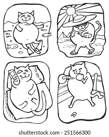 Cat resting in a travel, a series of drawing vector illustration isolated on white