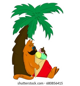 The cat resting under the palm tree and eating ice cream