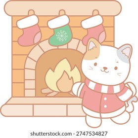 A cat rests by the fireplace.