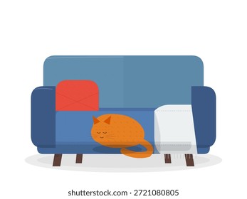 Un gato descansa en un sofá azul con un cojín rojo cerca y una manta blanca en el lado. La escena refleja un ambiente interior acogedor durante la tarde.