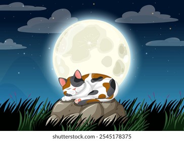 A cat rests peacefully beneath a glowing moon