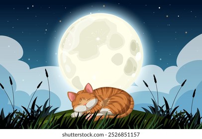 A cat rests under a bright full moon