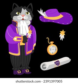 Cat in a retro ballroom costume. A noble outfit of the 19th century with additional accessories. Bundle, a watch, a hat, a reward. Ballroom outfits. Animals in ballroom costumes on a black background