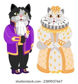 A cat and a cat in retro costumes for the ball. Outfits of the queen and the messenger of the 19th century. Ballroom outfits. Animals in ballroom dresses on a white background