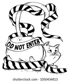 cat with ribbon "do not enter"