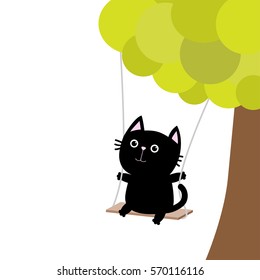 Cat ride on the swing. Green tree. Cute fat cartoon character. Kawaii baby pet collection. Love card. Flat design. Funny kids style. White background. Isolated. Vector illustration