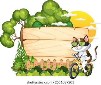 Cat rides bike near trees and wooden sign