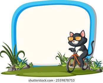 Cat rides bike through lush green landscape