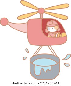 A cat rides a helicopter and puts out fires.