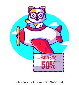 A cat riding airplane with Discount Coupon Cartoon Illustration. Animal and Flash sale Flat cartoon Style Concept
