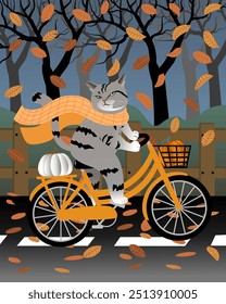 Cat Riding Bicycle in Autumn - Great for Fall-Themed Illustrations, Posters, or Fun Seasonal Designs