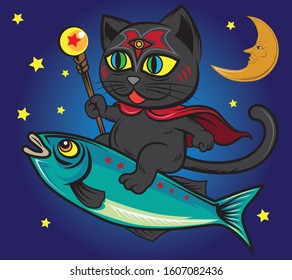 cat is riding big fish majic star moon in cartoon style