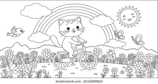 cat riding a bike, rainbow and flowers coloring page. you can print it on standard