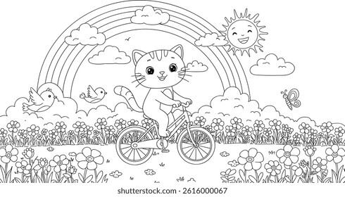 cat riding a bike, rainbow and flowers coloring page. you can print it on standard