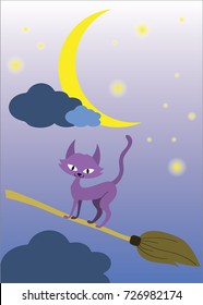Cat riding magic broom under crescent moon and Glittering stars