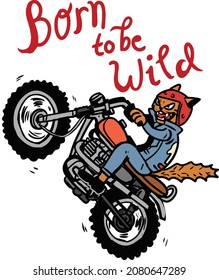 cat riding motorcycle cartoon vintage style clip art illustration