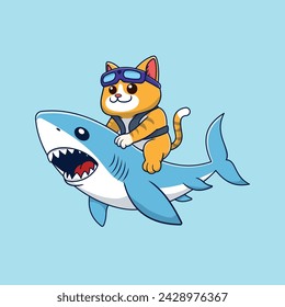 cat riding a shark in vector cartoon