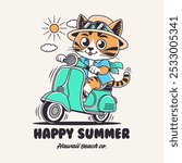 cat riding a vespa motorbike wearing a hat and glasses in summer