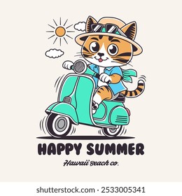 cat riding a vespa motorbike wearing a hat and glasses in summer